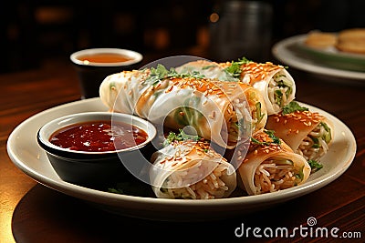 a plate of tasty crispy spring rolls with red chutney Stock Photo