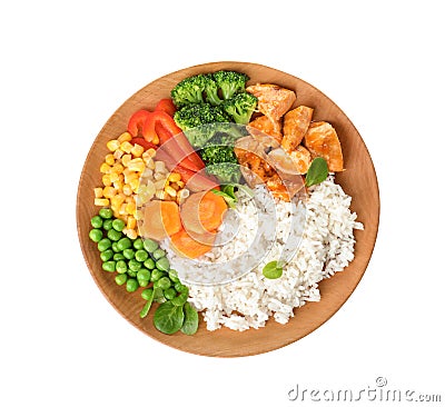 Plate with tasty rice, vegetables and meat on white background Stock Photo