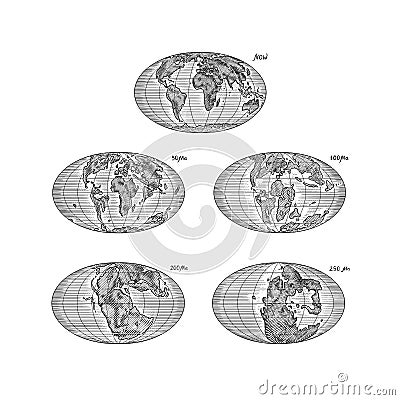 Plate tectonics on the planet Earth. Pangaea. Continental drift. Supercontinent at 250 Ma. Era of the dinosaurs Vector Illustration