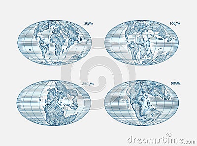 Plate tectonics on the planet Earth. Pangaea. Continental drift. Supercontinent at 250 Ma. Era of the dinosaurs Vector Illustration