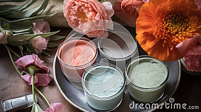 a plate with three jars of paint and flowers on it Stock Photo