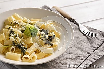 Plate with tortilloni with sauce and spinach and cheese, broccoli, fork, napkin on a light background, spinach paste Stock Photo