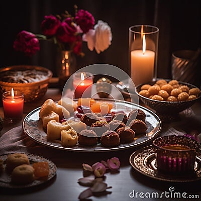 Festive Indian Sweets & Snacks on Decorated Table Stock Photo