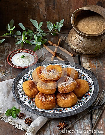 A plate of traditional Moroccan sfenj or beignets. Stock Photo