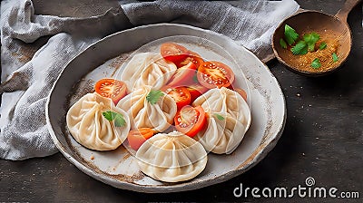 A plate of traditional russian dumplings with tomatoand basilic on rustic wooden background . Illustration AI Generative Stock Photo