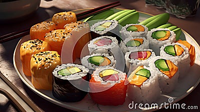 A plate of vegan sushi rolls with a variety of colorful v three generative AI Stock Photo