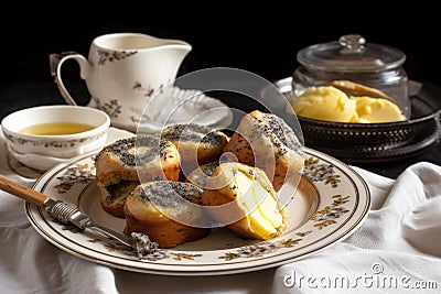 plate of warm rolls, with butter and poppy seeds Stock Photo