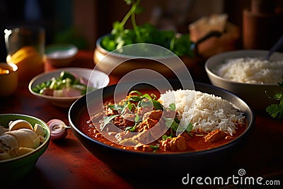 A plate of white rice and Rogan Josh Indian lamb curry Generative AI Stock Photo