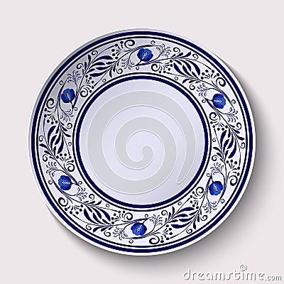 Plate with a wide floral design border in the style of Gzhel with an empty space in the center. Vector Illustration