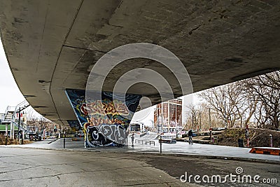 Skate park under the Van Horn overpass and wharehouse in Montreal Editorial Stock Photo