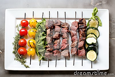 plated assortment of uncooked lamb skewers Stock Photo