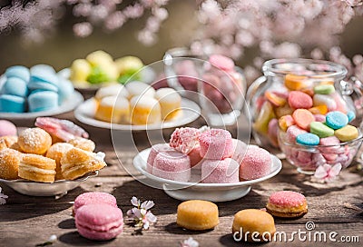 Plated sweets and macrons in jar and bowl Generative AI Stock Photo