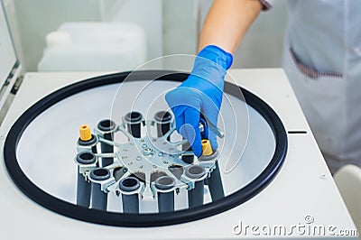 Platelet-Rich plasma preparation. Tube with blood in hands. Centrifuge. Background Stock Photo