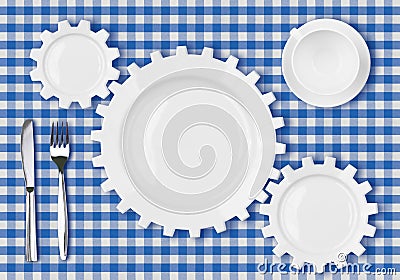 Plates gears work concept. Dinner dishes over tablecloth. Stock Photo