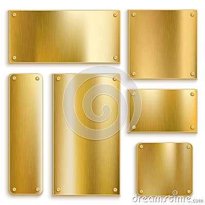 Plates golden. Metallic yellow plate, gold shiny square and rectangular bronze banner. Polished textured blank label Vector Illustration