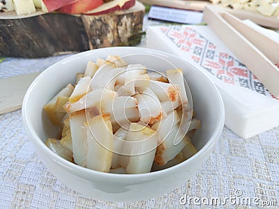 Plates with pork belly. Excellent choice. Stock Photo