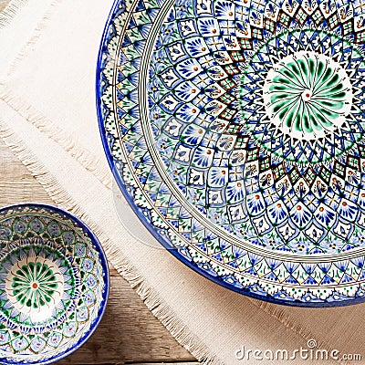 Plates with traditional uzbekistan ornament Stock Photo