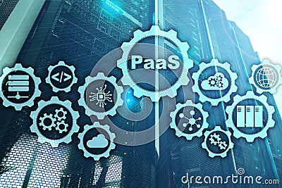 Platform as a service PaaS - cloud computing services concept. Server room background. Stock Photo