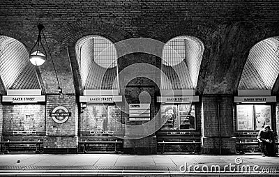 Platform at Baker Street underground train station, showing original brickwork and detail. Editorial Stock Photo
