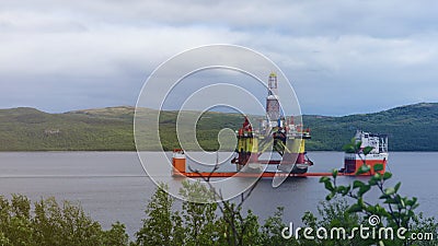 Floating drilling platform in the Kola Bay Editorial Stock Photo