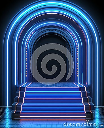 The platform has a futuristic design, set against a circuit board backdrop and featuring a tech display Stock Photo