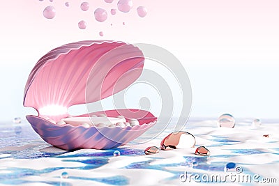 Platform and podium pearl shell pink oyster sea sand white shine water seabed gemstone ocean iridescent natural stone display. Stock Photo