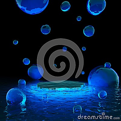 platform and podium showcase water ripple effect blue bubble dark background stand product minimal style display advertisement. Stock Photo