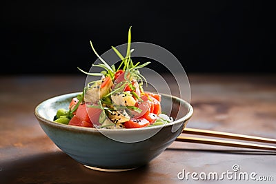 plating colorful poke bowl with raw fish cubes Stock Photo