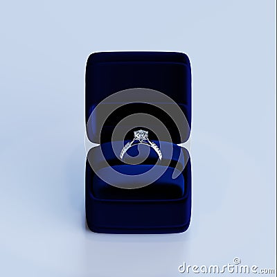 A platinum diamond ring with a 3D design in a blue jewelry box. Stock Photo