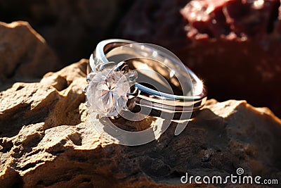 platinum rings on a quartz stone under natural sunlight Stock Photo