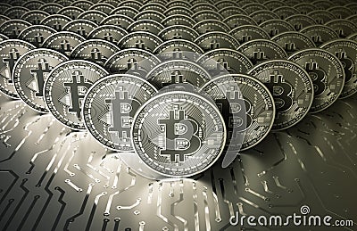 Platinum Virtual Silver Coins Bitcoins On Printed Circuit Board Stock Photo