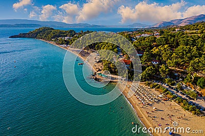 Platis Gialos beach at Argostoli of Kefalonia island in Greece. Spectacular view over beach of Platis Gialos near Lassi, Argostoli Stock Photo