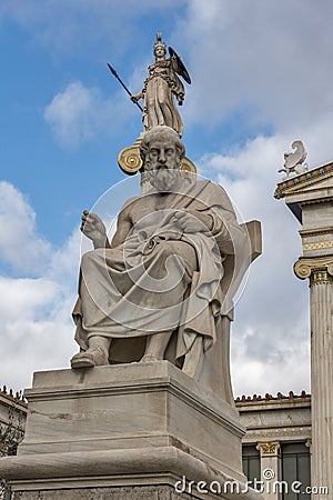 Plato and Athena statues in front of Academy of Athens, Greece Stock Photo