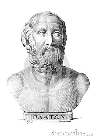 The Plato`s portrait, a ancient Greek philosopher in the old book The Plato talk, 1827, Moscow Stock Photo