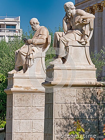 Plato and Socrates marble statues in front of Athens national academy, Greece. Stock Photo