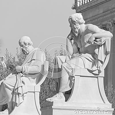 Plato and Socrates statues in front of the national academy, Athens Greece Stock Photo
