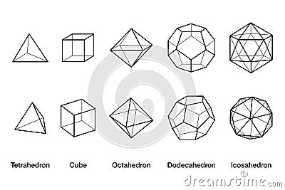 Platonic solids, black and white wireframe models Vector Illustration