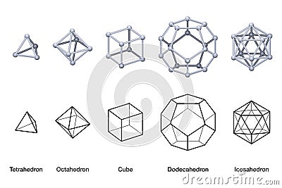 Gray colored Platonic solids 3D and black wireframe models Vector Illustration