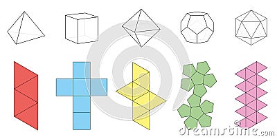 Platonic Solids Figures Nets Vector Illustration