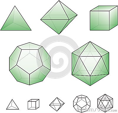 Platonic solids with green surfaces Vector Illustration