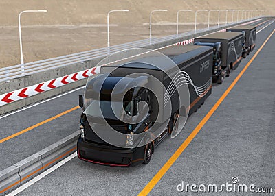 Platoon driving of autonomous hybrid trucks driving on highway Stock Photo