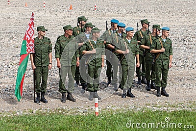 Platoon of soldiers of the Belarusian army with the flag of the Belarusian republic Editorial Stock Photo