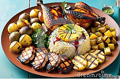 A platter of assorted non-vegetarian delicacies displaying a fusion of vibrant colors and different textures Stock Photo