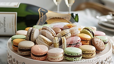A platter of colorful macarons fills the frame their delicate shells and creamy fillings displaying an array of flavors Stock Photo