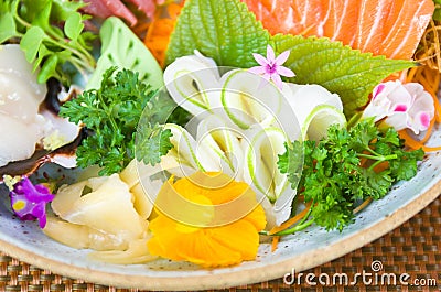 Platter decorated with different flavors of elegant sushi Stock Photo