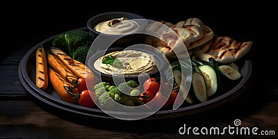 A platter of grilled vegetables with hummus and pita brea one generative AI Stock Photo