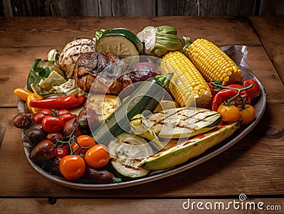 A platter of grilled vegetables on a wooden table. AI generative image Stock Photo
