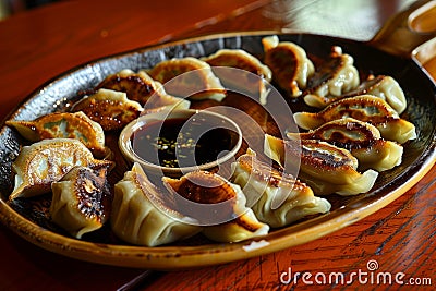 platter of gyoza with dipping sauce on a restaurant table Stock Photo