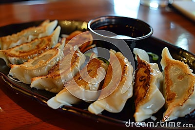 platter of gyoza with dipping sauce on a restaurant table Stock Photo