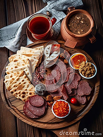 A platter of meats, crackers, and sauces on a wooden table. AI generative image Stock Photo